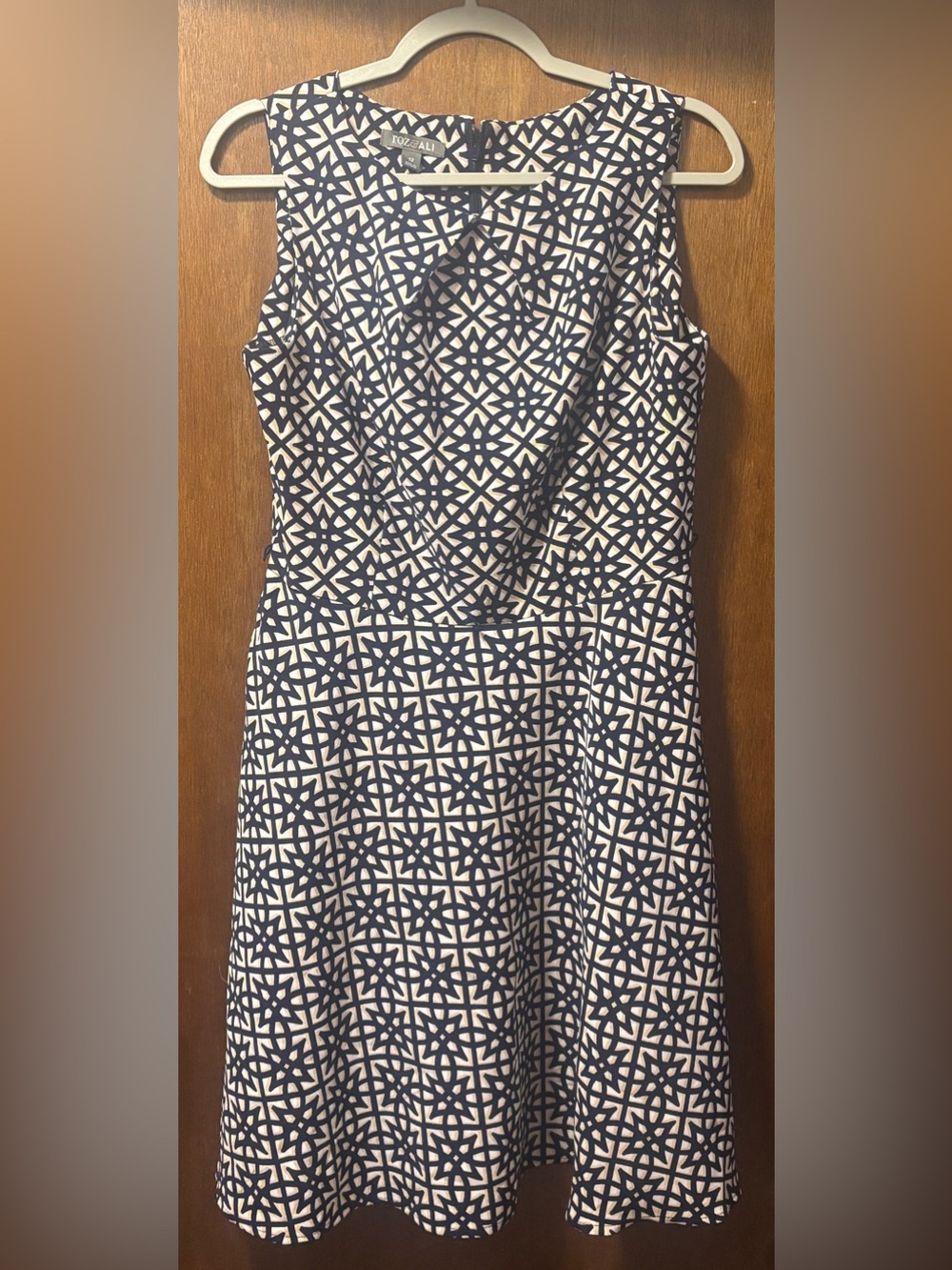 Sleeveless A-line Geometric Print Lined Midi Dress in a Navy & White Pattern